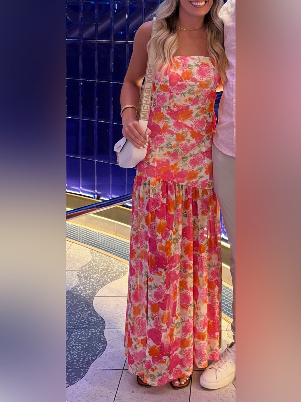 SHEIN Pink & Orange Floral Strapless Maxi Dress